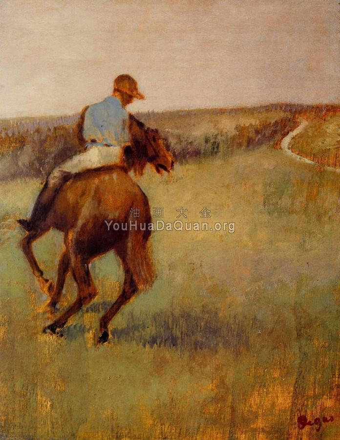 Jockey in Blue on a Chestnut Horse - 埃德加·德加